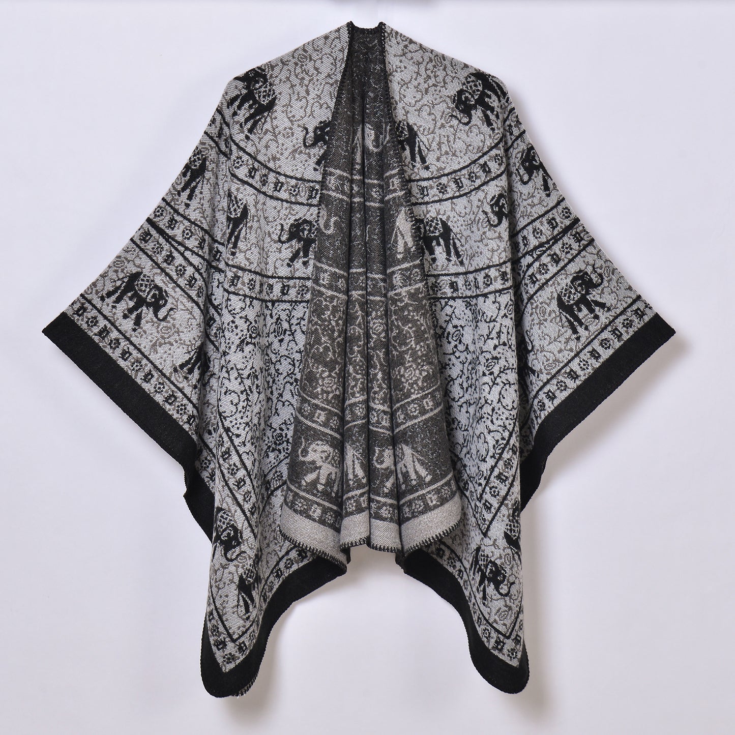 Retro Ethnic Thickened Warm Shawl Women Jacquard Split Cloak Knitted Outerwear