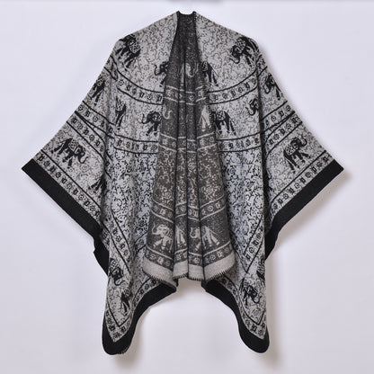 Retro Ethnic Thickened Warm Shawl Women Jacquard Split Cloak Knitted Outerwear