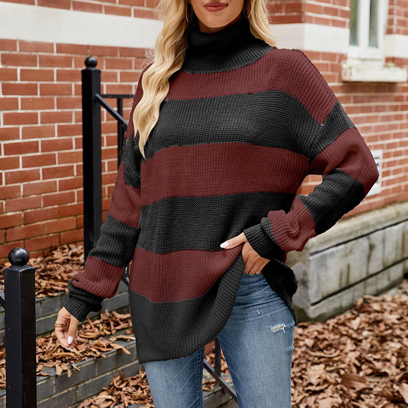 Sweater Custom Long Sleeved Turtleneck Sweater Idle Casual Loose Striped Sweater