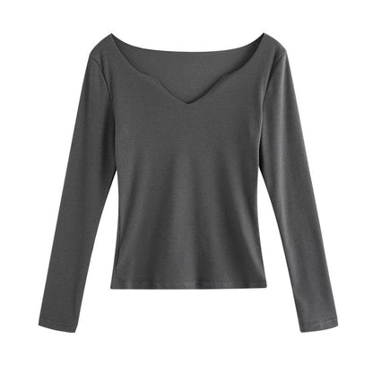 Chest Open Long Sleeve T-shirt Autumn Elegant Slim V-neck Pullover Solid Color Underwear Top Women