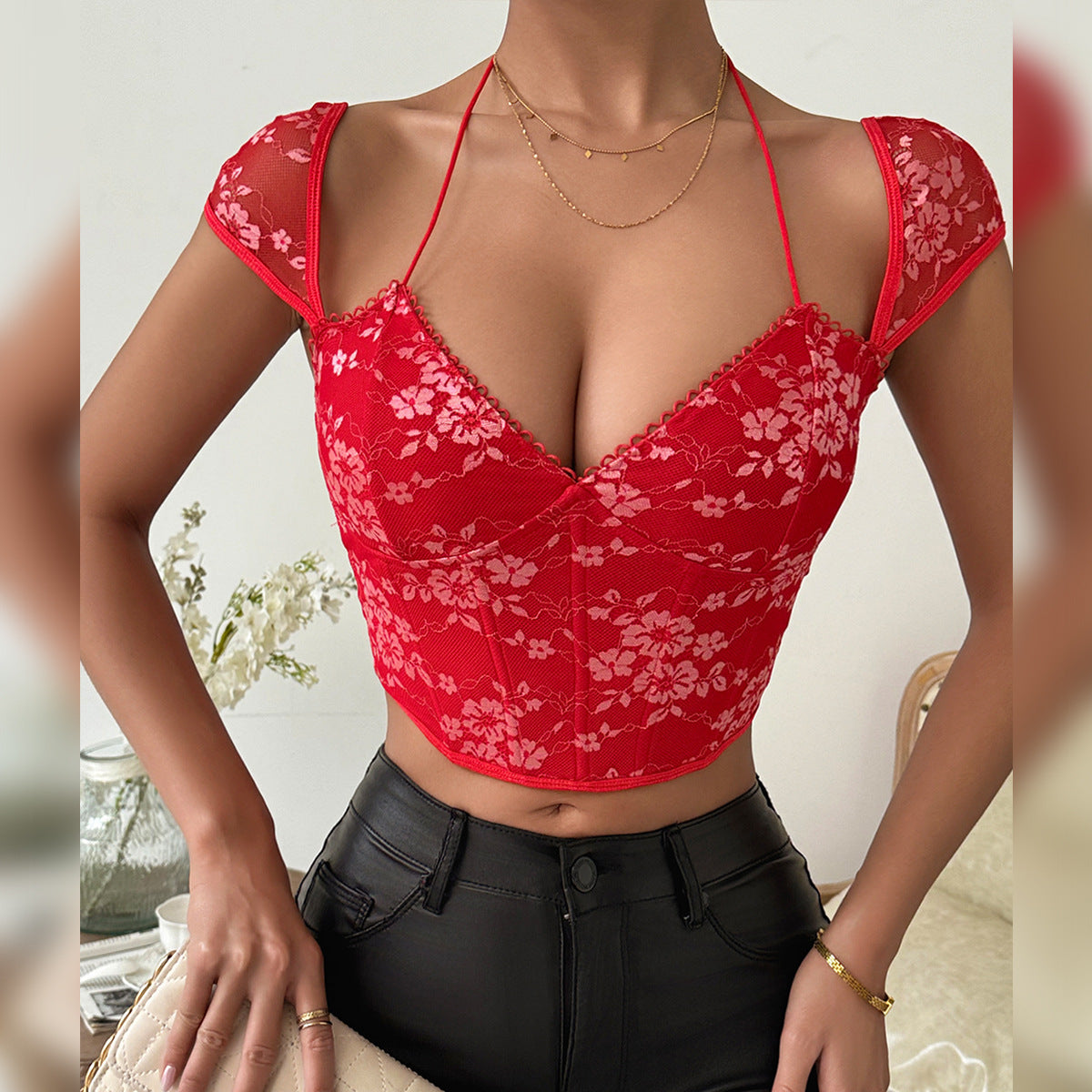 Sexy Floral Summer Design Lace up Slim Fit Sexy Boning Corset Short Top