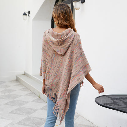 Hooded Striped Tassel Cape Shawl Women Autumn Winter Women Outer Scarf