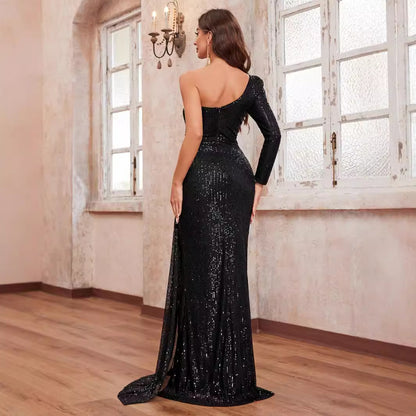 Women Prom Evening Dress Sequined Rhinestone One Shoulder Sleeve Hollow Out Cutout out Party Evening Dress