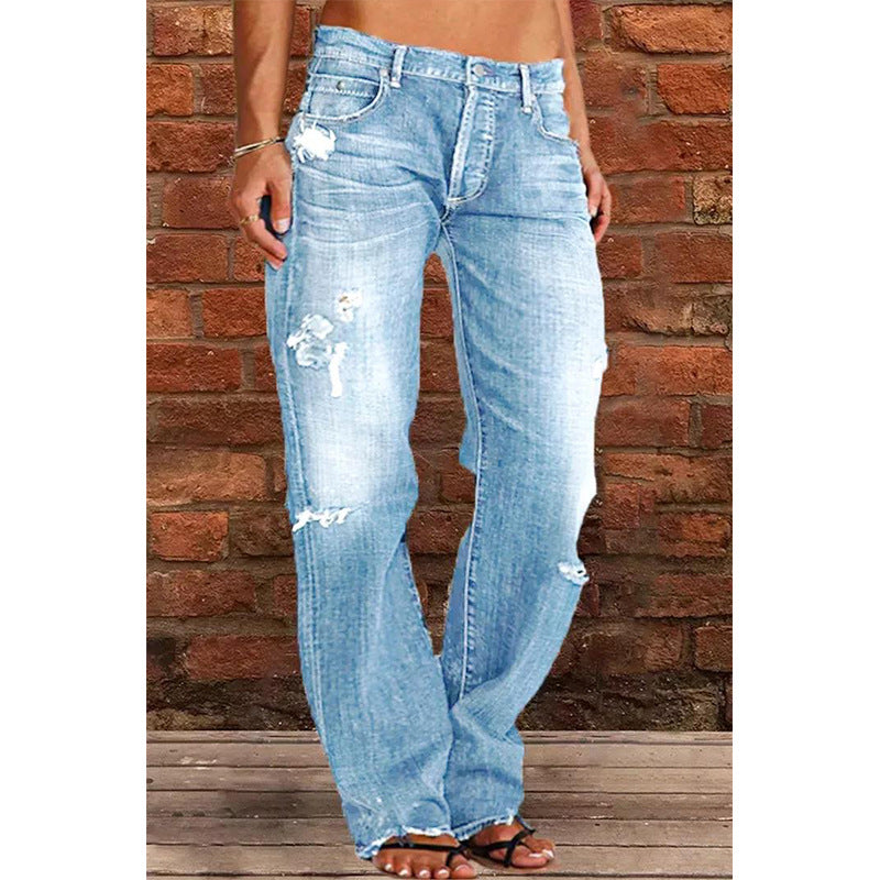 Women Denim Trousers Mid Waist Straight Leg Pants