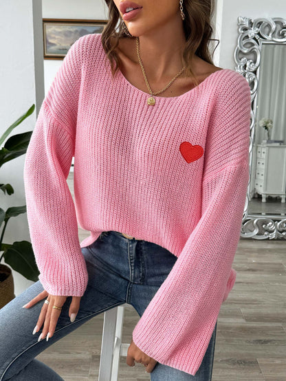 Women Pullover Sweater Top Women Clothing off Neck off the Shoulder Flared Sleeves Love Embroidered Stickers Sweater