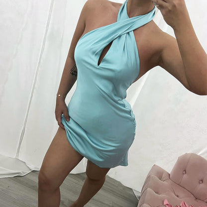 Summer Solid Color Sleeveless Sheath Sexy Halter Backless Dress