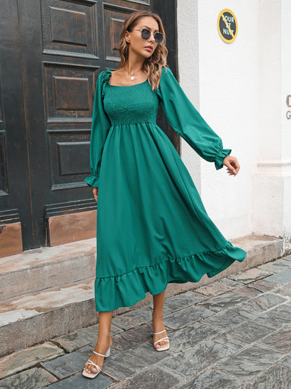 Women Clothing Autumn Winter Casual Ruffled Square Collar Large Swing Dress Maxi Dress