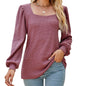 Women Clothing U Collar Pleated Puff Sleeve Top Loose Casual Solid Color T shirt