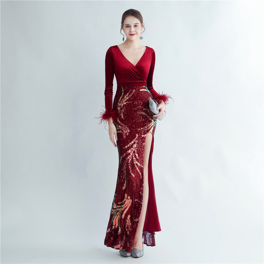 Craft Ostrich Feather Sequin Velvet Side Slit Long Sleeve Evening Dress