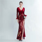 Craft Ostrich Feather Sequin Velvet Side Slit Long Sleeve Evening Dress