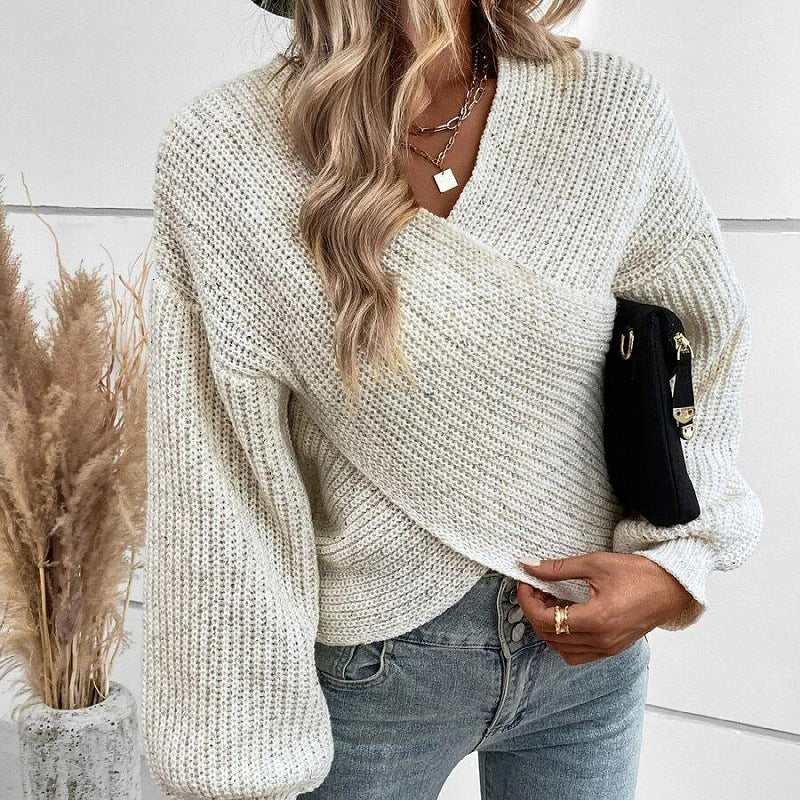 Fall Winter Sweater Women Clothing Elegant Cross V Neck Loose Pullover Women