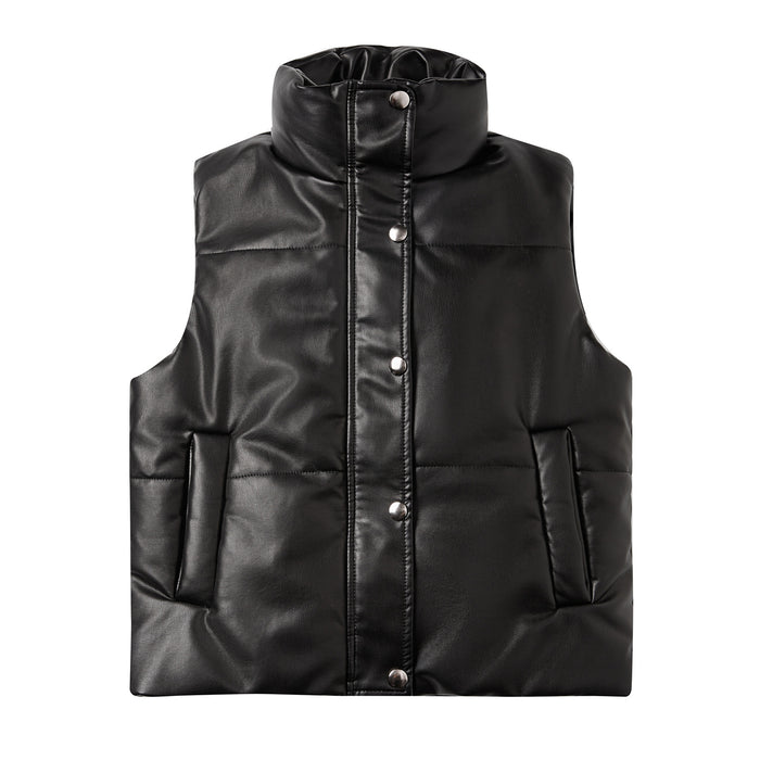 Autumn Winter Women Leather Waistcoat Sleeveless Quilted Zipped Cotton Padded Jacket Stand Collar