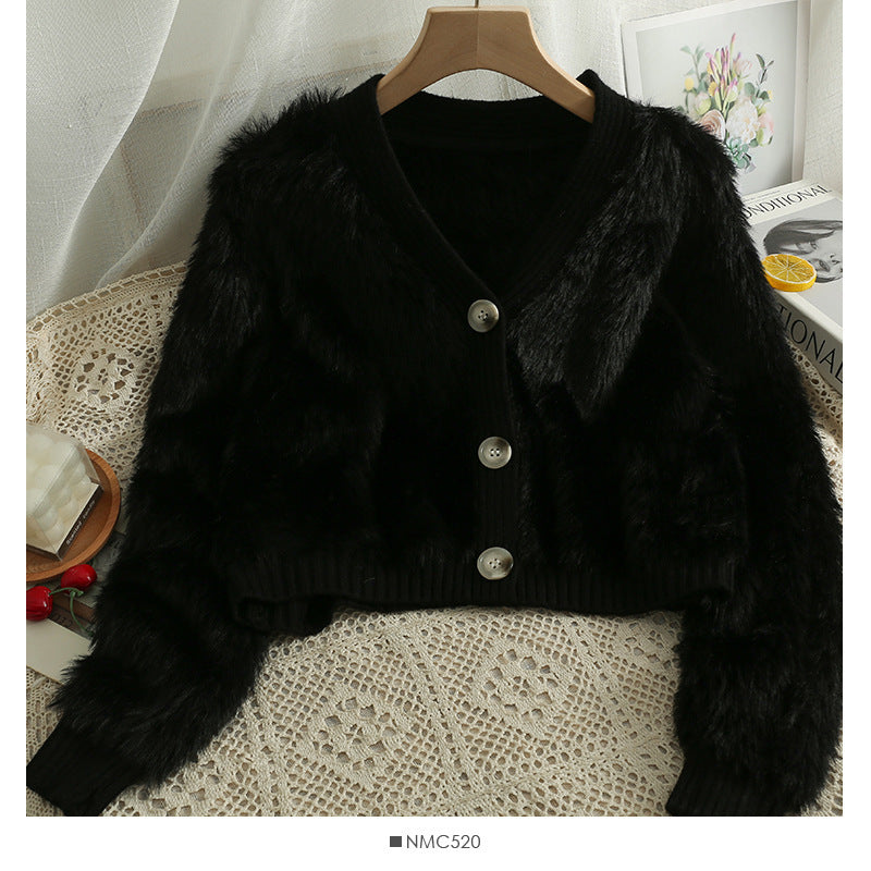 Short Knitted Cardigan Autumn Winter Solid Color Long Wool College V Neck Long Sleeve Artificial Mink Fur Outer Women