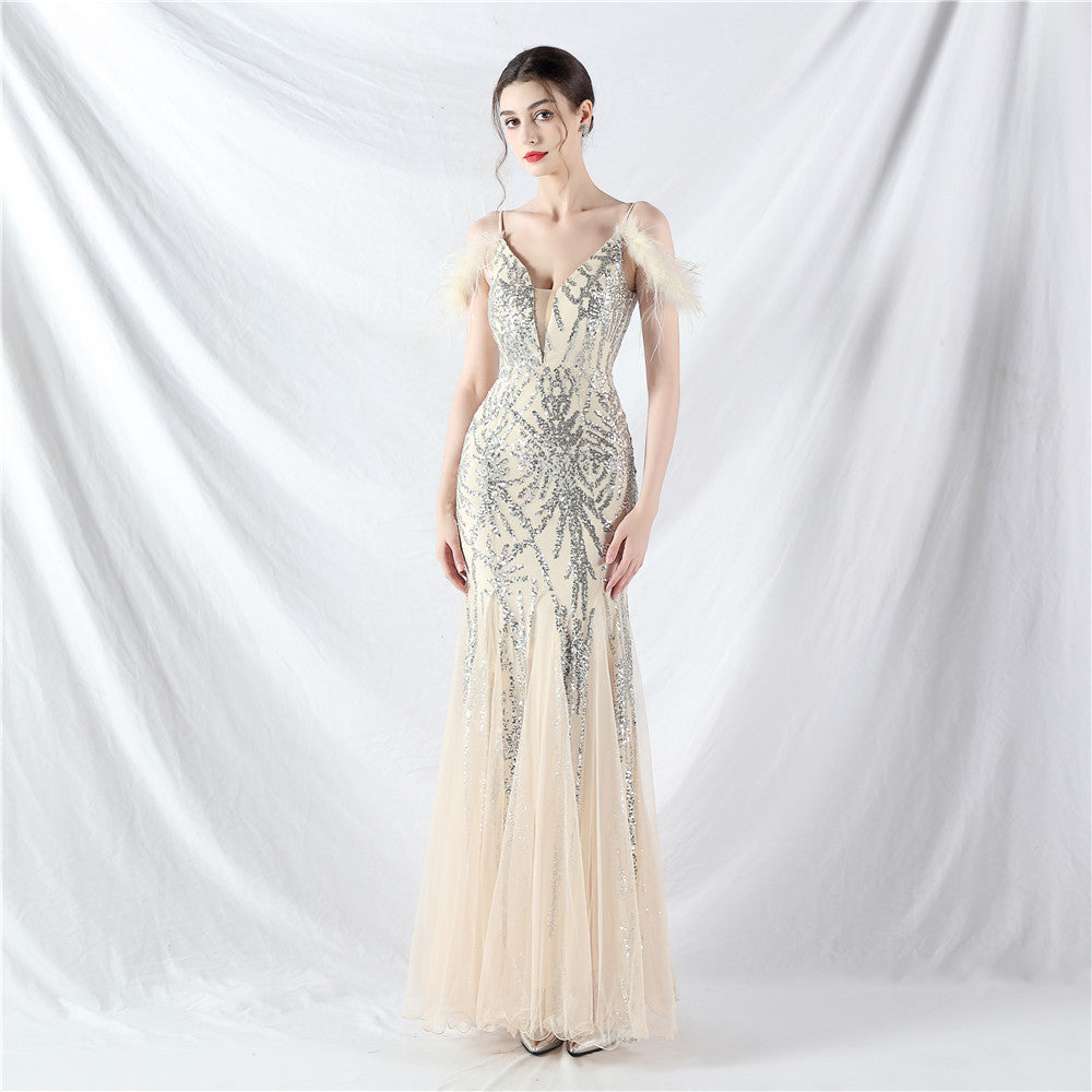 Color Craft Order Ostrich Feather Mesh Sequin Sexy Sling Dress Evening Dress