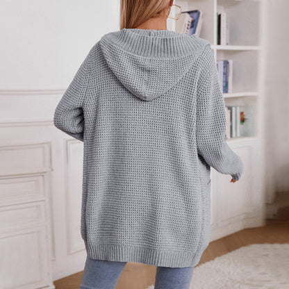 Hooded Long Autumn Winter Women Knitted Cardigan Coat Retro Loose Button Sweater Women