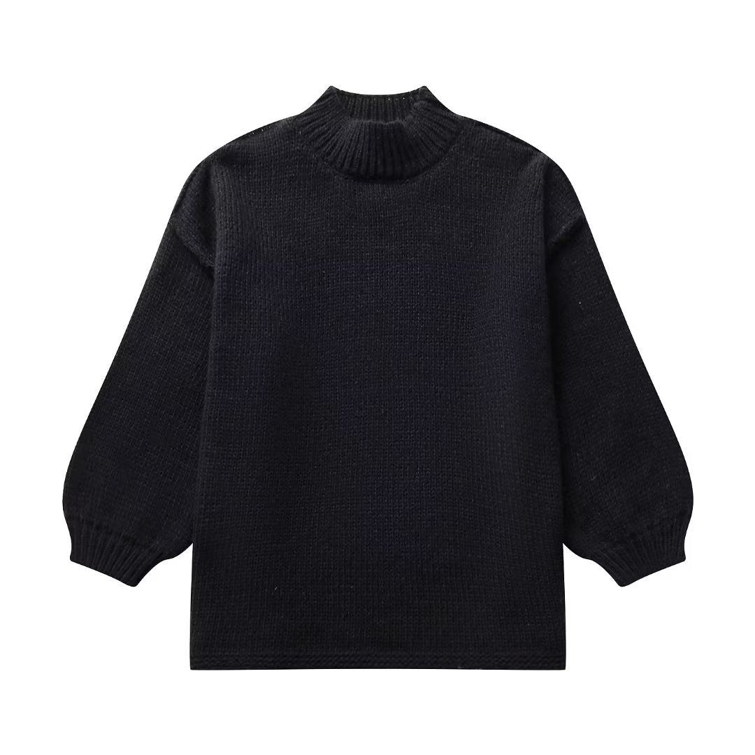 Autumn Winter Loose Mock Neck Office Faux Ide Out Wear Knitted Pullover Solid Color Sweater Women