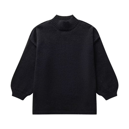 Autumn Winter Loose Mock Neck Office Faux Ide Out Wear Knitted Pullover Solid Color Sweater Women