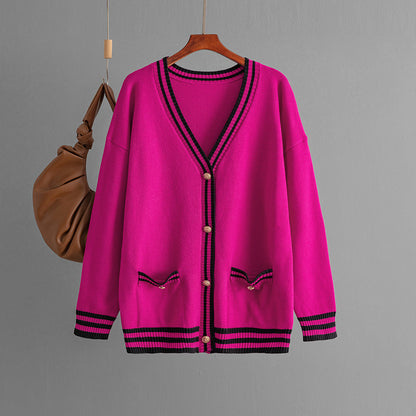 Autumn Winter Contrast Color Sweater Cardigan Coat Loose V Neck Mid Length Knitwear Top Women Clothing