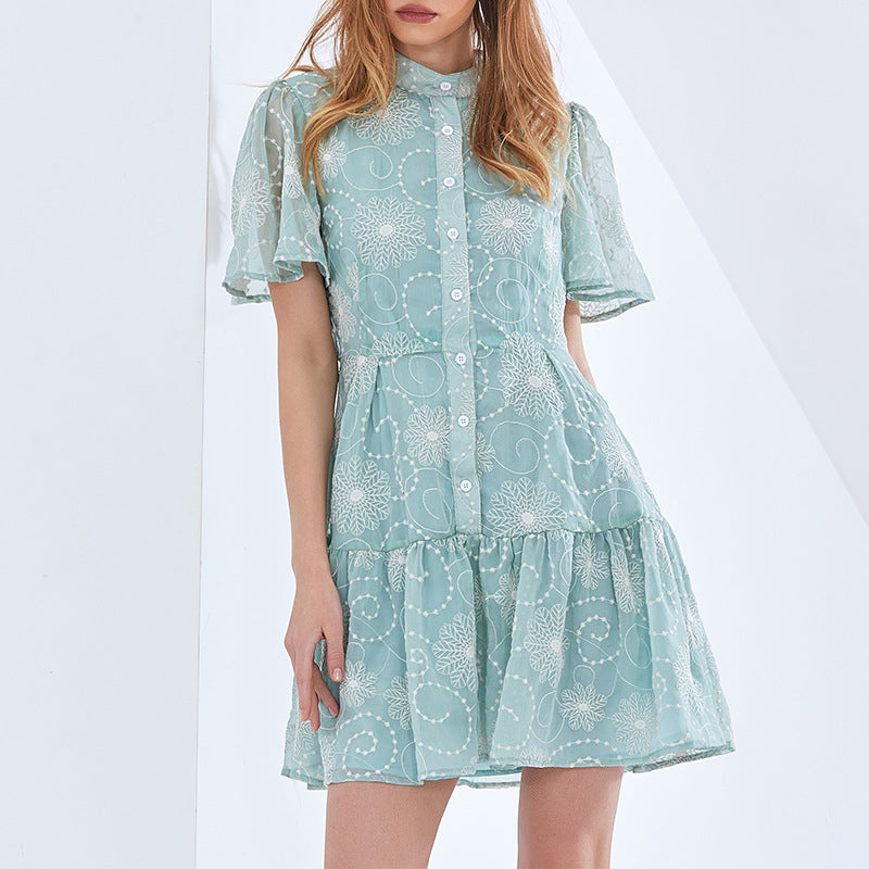 Early Spring Elegant Stand Collar Short Sleeve Printed Short Dress Plus Size Tiered Dress