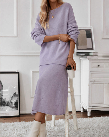 Autumn Winter Elegant Knitting Suit Women Off Shoulder Sweater Top Elastic Waist Fishtail Skirt