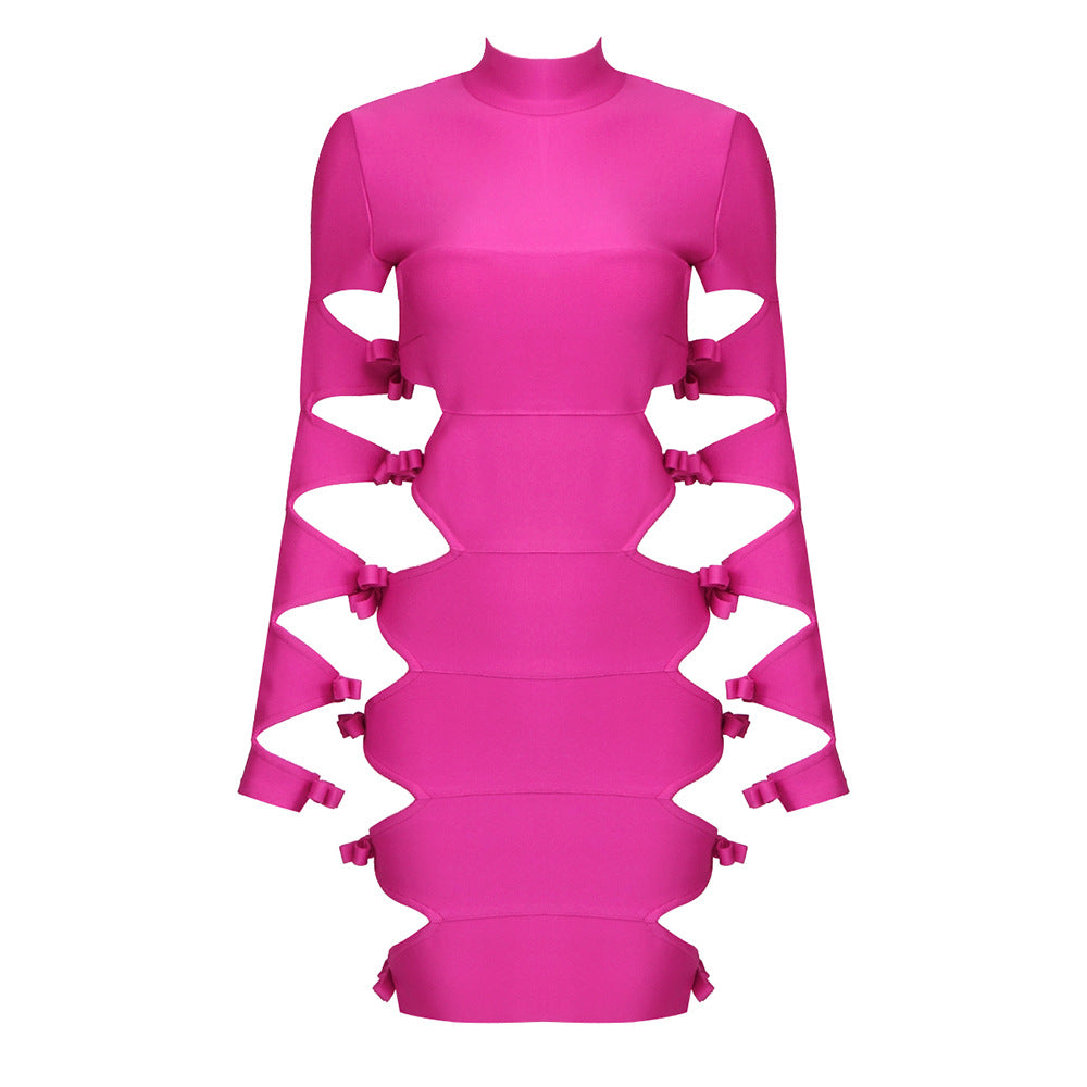 Rose Red Pink Openwork Multi Layer Pleating Women Wear Personalized Design Dress Bandage Hip