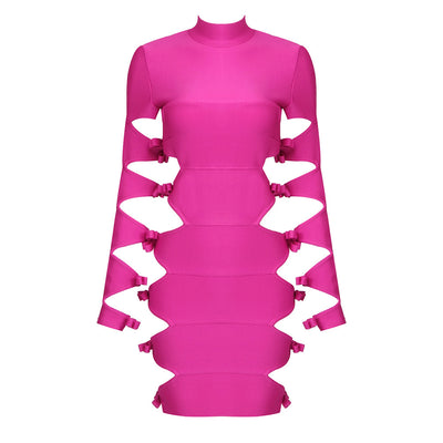 Rose Red Pink Openwork Multi Layer Pleating Women Wear Personalized Design Dress Bandage Hip
