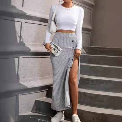 Women Clothing Knitted Dress Sunken Stripe Slit Fastener Decoration Sheath Skirt for Women