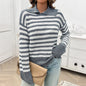 Autumn Winter Women Casual Loose Lapels Striped Long Sleeve Sweater