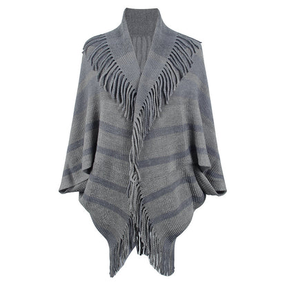 Tassel Inverness Women Autumn Winter Knitted Striped Cloak Women