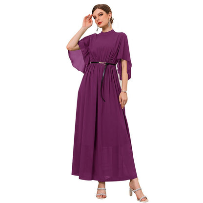 Middle East Muslim Women Wear Summer High Neck Bell Sleeve Solid Color Dress