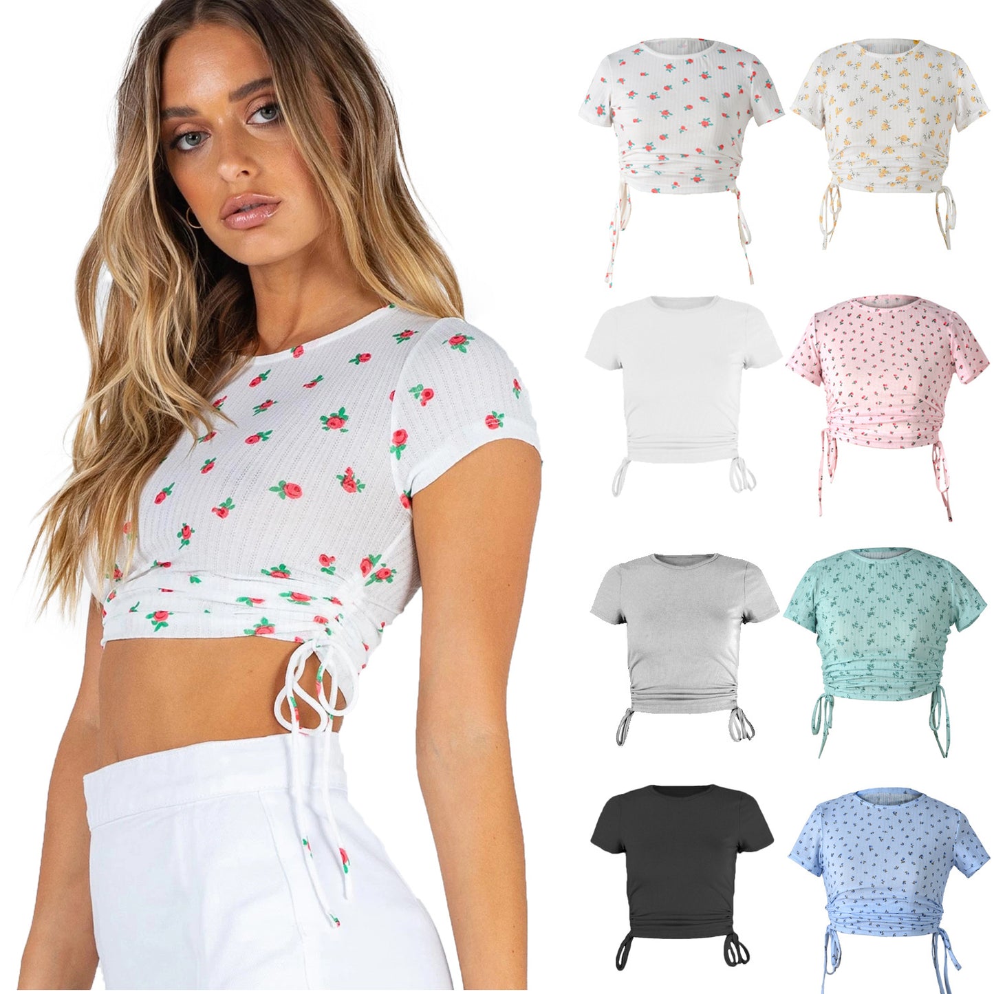 Printed Short-SleevedT-shirt Drawstring cropped round Neck Casual Top