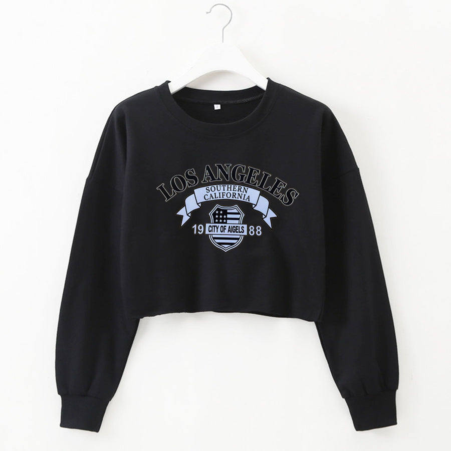 Women Clothing Autumn Winter Los Angeles Letter Graphic Printed Short Long-Sleeved Sweater