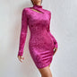 Women Clothing Autumn Winter Arrival Half Turtleneck Hollow Out Cutout Thin Sheath Long Sleeve Velvet Sexy Dress