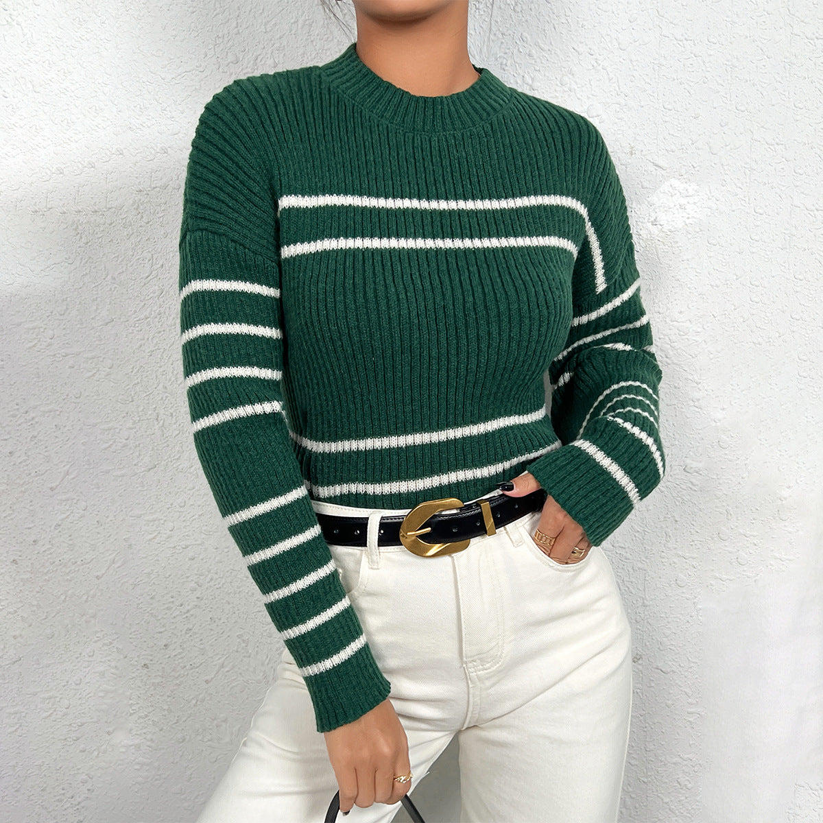 Classic Contrast Color Striped Sweater Women Spring Autumn All Match Pullover round Neck Knitted Top