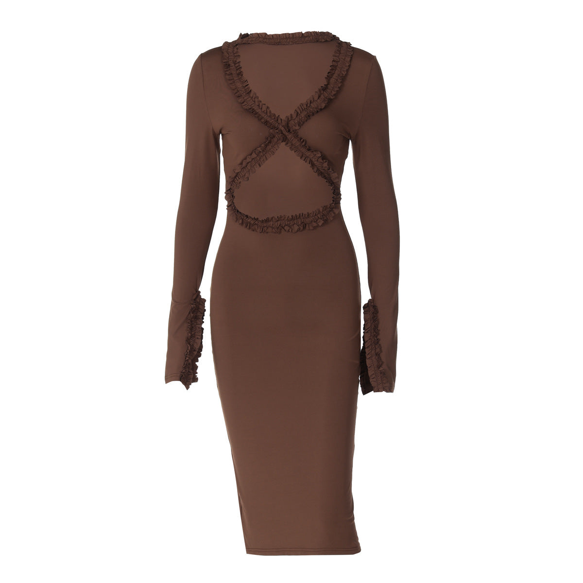 Pleated Lace Autumn V neck Sexy Hollow Out Cutout Slim Long Sleeve Dress Women