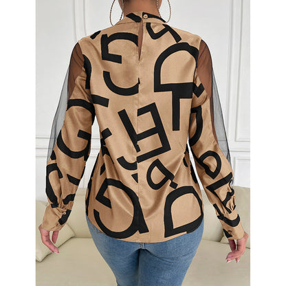 Spring Summer Geometric Abstract Printing Stitching Mesh round Neck Pullover Top