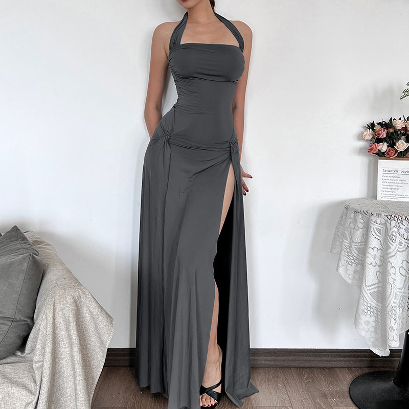 Women Clothes Summer Solid Color Pleated Sexy Slit Slim Halter Dress Women