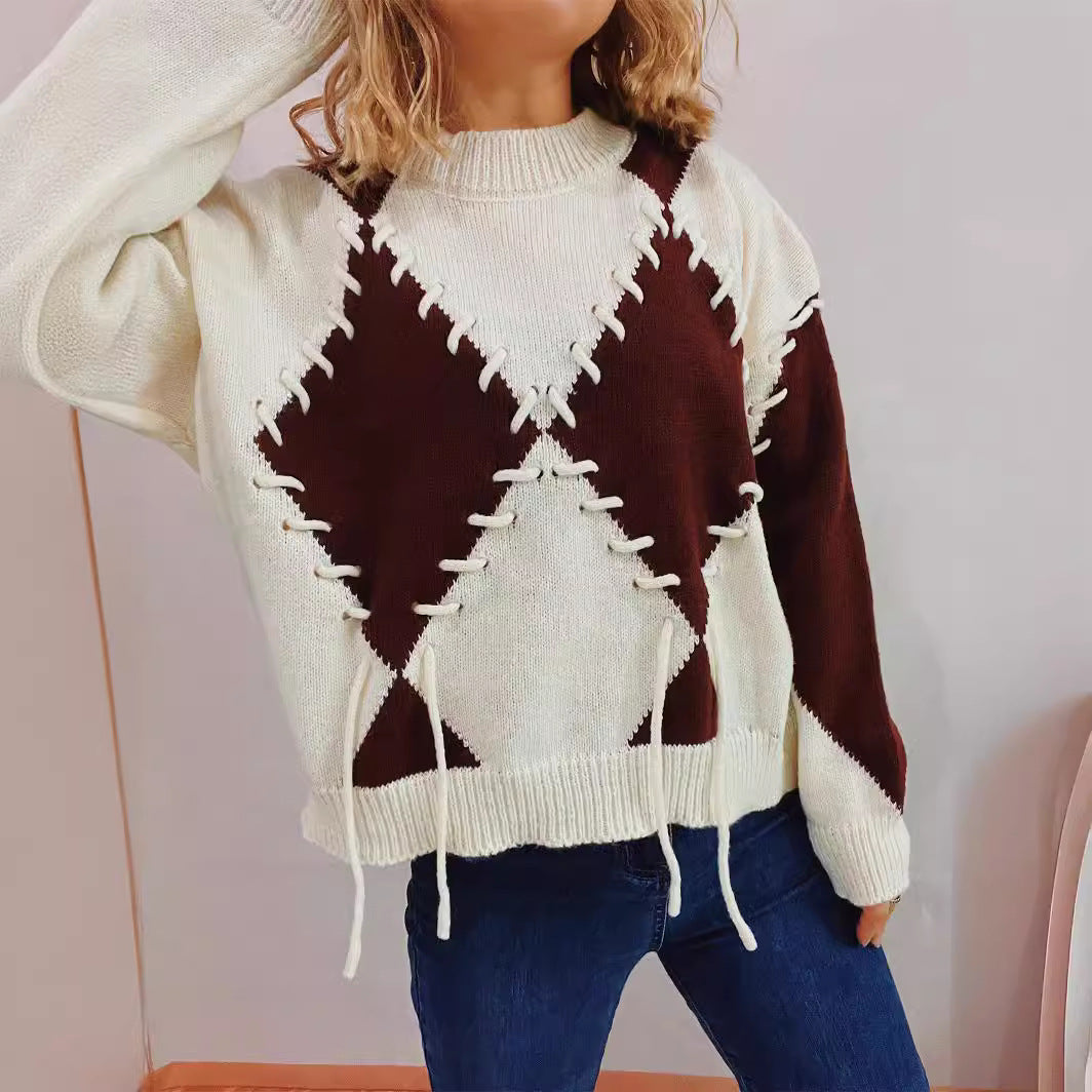 Spring round Neck Long Sleeve Hit Color Diamond Lattice Handmade Rope Strap Knitted Pullover Sweater for Women