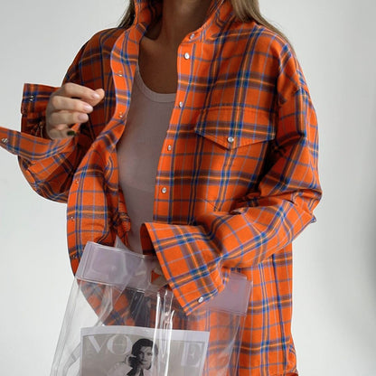 Fall Women Clothing College Orange Plaid Shirt Women Loose Pockets Collared Long Sleeve Shirt