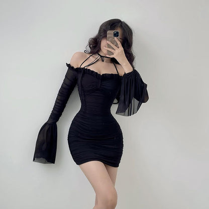 Fall Women Clothing Solid Color Sexy Sexy Bell Sleeve off Shoulder Slim Slimming Sheath Dress Women