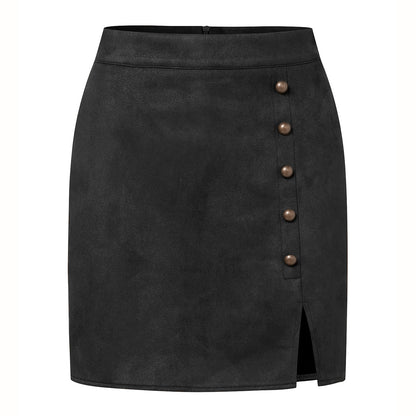 Temu Autumn Winter Women Solid Color Suede Skirt High Waist Metal Buckle Hip Skirt