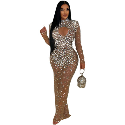 Women Wear round Neck Rhinestone Dress Maxi Dress