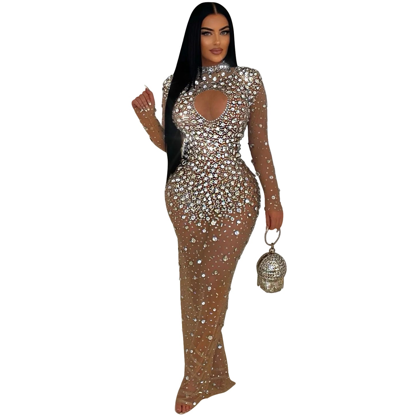 Women Wear round Neck Rhinestone Dress Maxi Dress