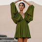 Autumn Women Clothing Short  Lantern Sleeve V neck Sexy Elegant  Dress