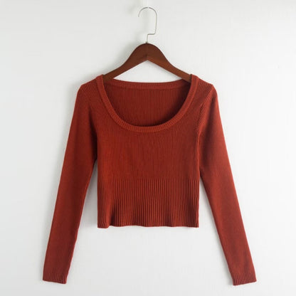 Autumn round Neck Slim Fit Short Long Sleeve Solid Color Women Knitwear Tops