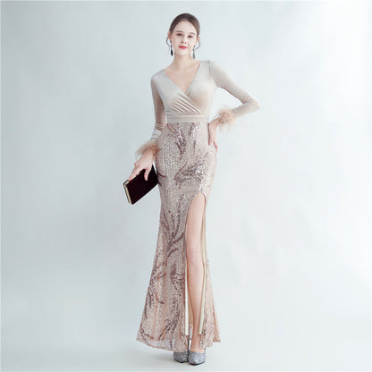 Craft Ostrich Feather Sequin Velvet Side Slit Long Sleeve Evening Dress