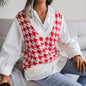 Autumn Winter  V-neck Houndstooth Casual Loose Knitted Vest Sweater Waistcoat Women Clothing