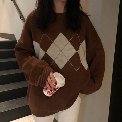 Autumn Winter Korean Rhombus Internet Celebrity Pullover Knitted Sweater Women