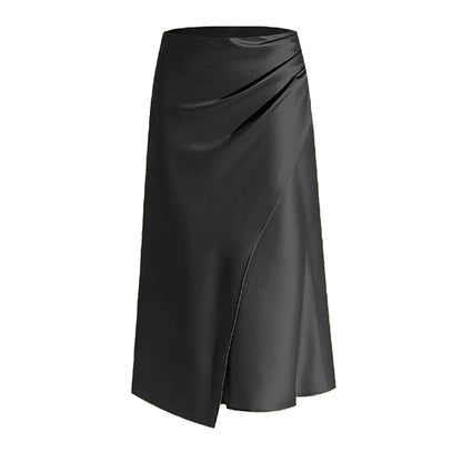 Women Clothing High Waist Satin Heap Pleated Split Dress Solid Skirt Zipper Fishtail Hip Skirt