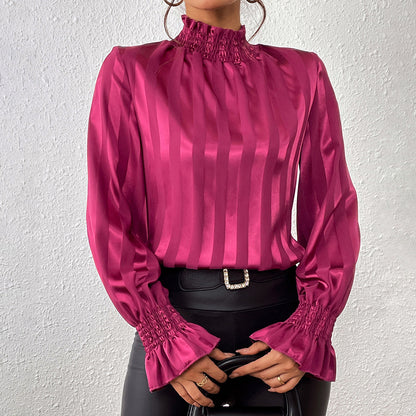 Early Spring Women Clothing Loose Slimming Long Sleeves Shirt Satin Embellished Smooth High Collar Shirt